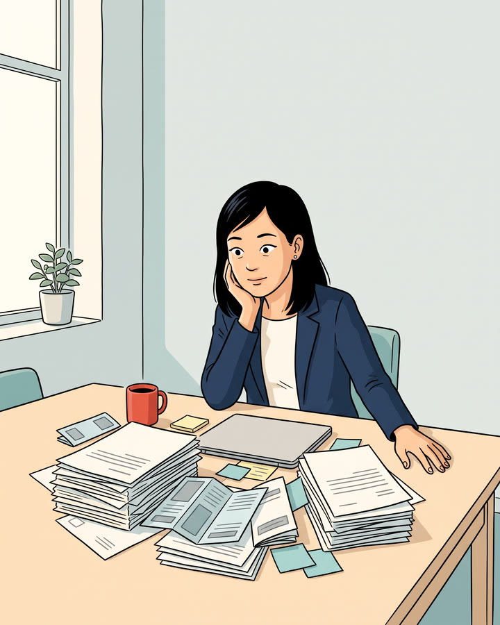 A business owner at a table covered in notes and papers