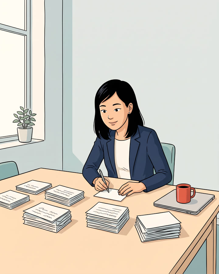 The same owner, her notes sorted into six neat stacks, writing on a card