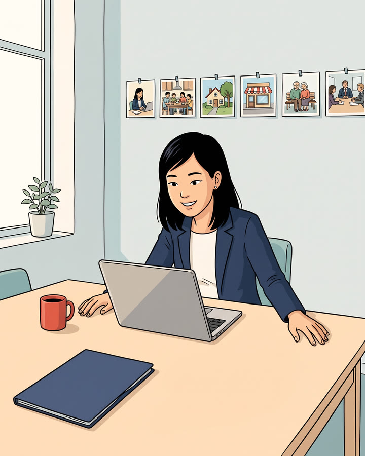 A business owner watches her finished film